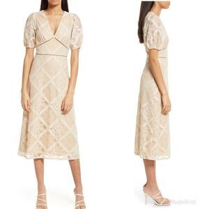 Revolve NSR Puff Sleeve Nude Tan White Cream Floral Lace Dress